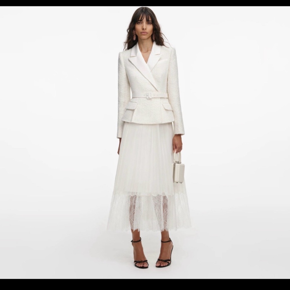 Self-Portrait Cream Tailored Bouclé And Chiffon Midi Dress